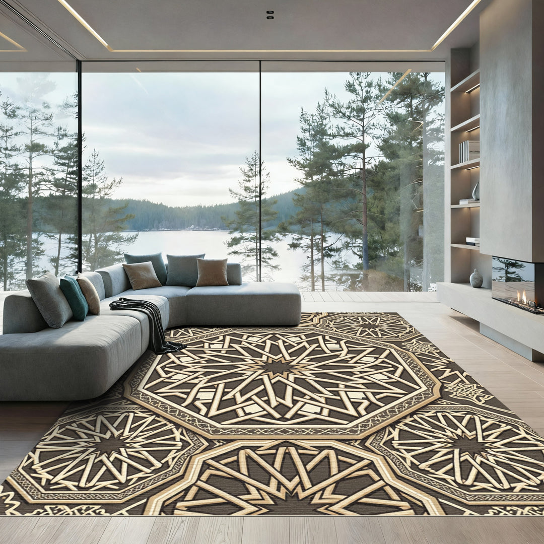 Intricate Golden Octagon Geometric Rug