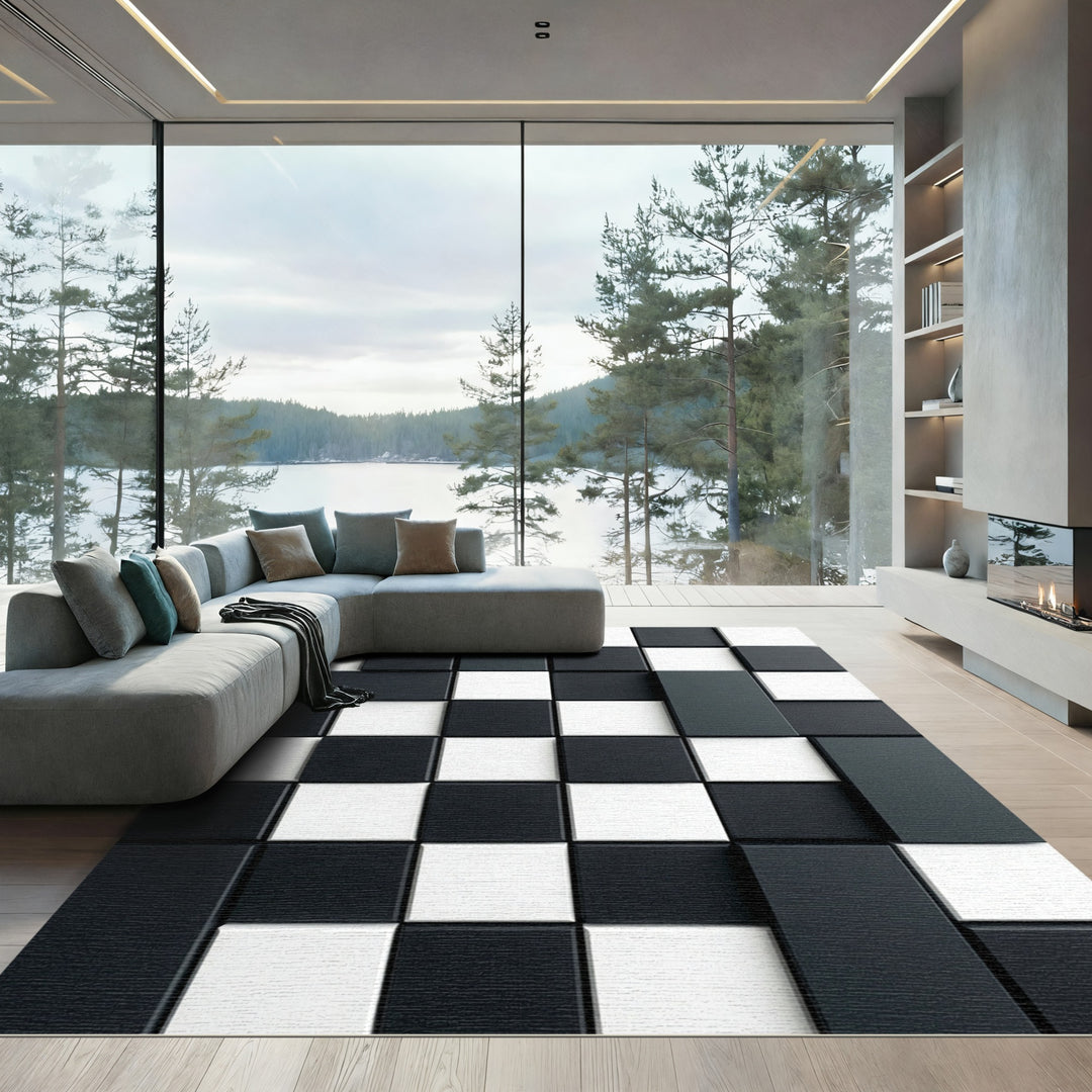 Modern Black White Checkerboard Rug