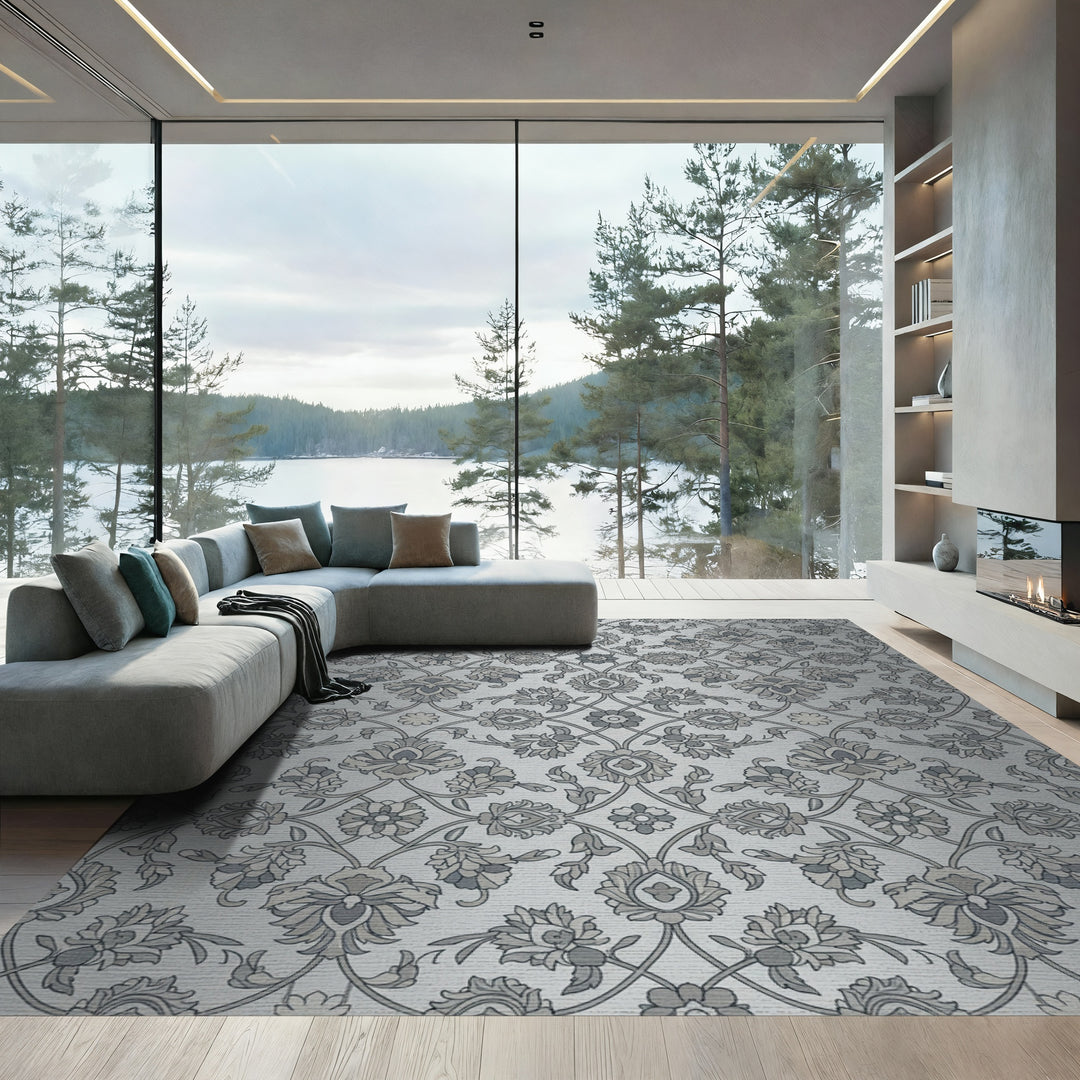 Silver Gray Vintage Floral Damask Rug