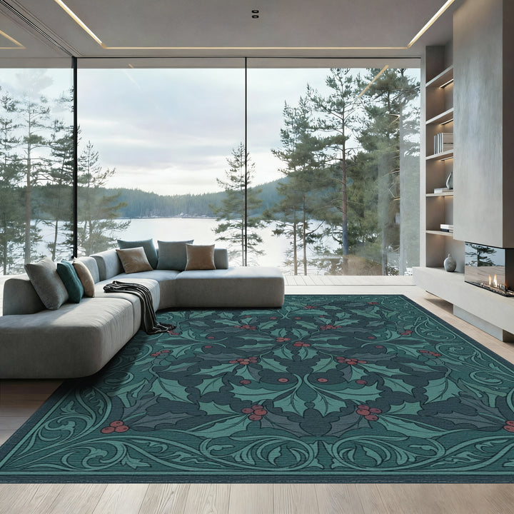 Dark Teal Holly Berry Garland Rug
