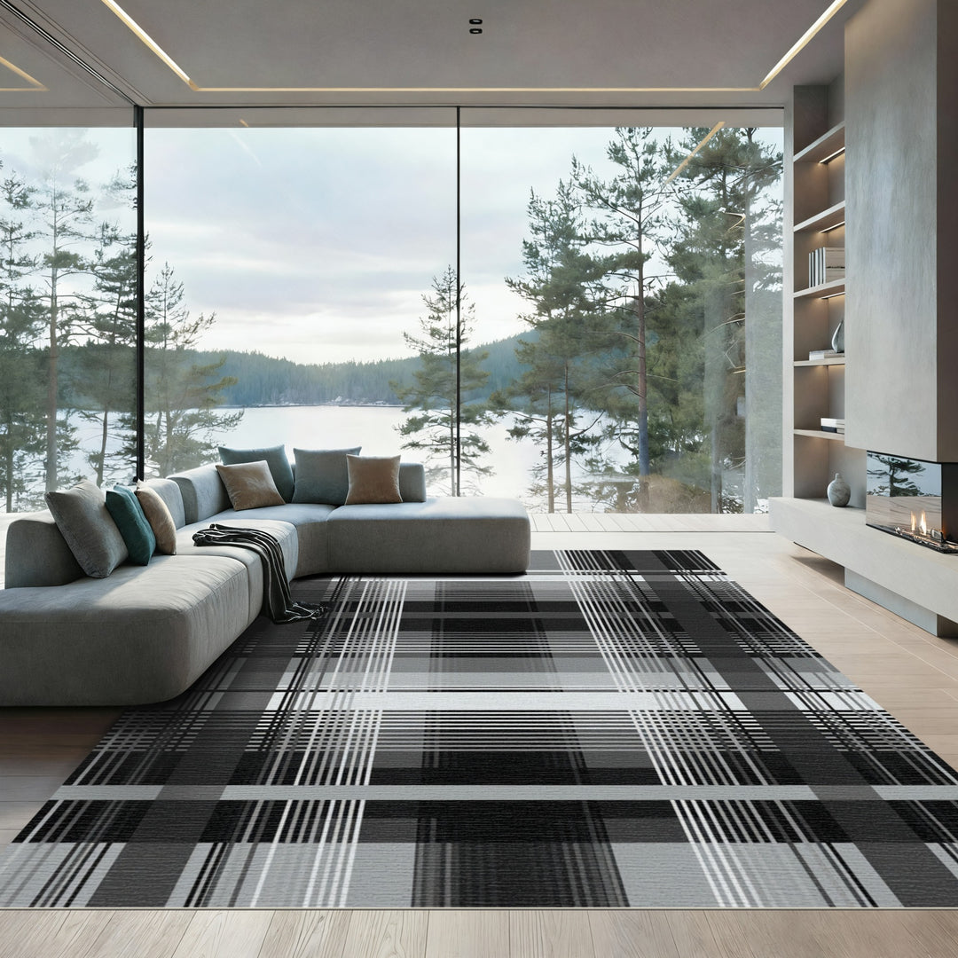 Abstract Black White Plaid Stripes Rug