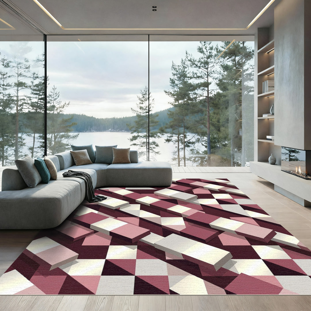 Geometric Burgundy White Isometric Rug