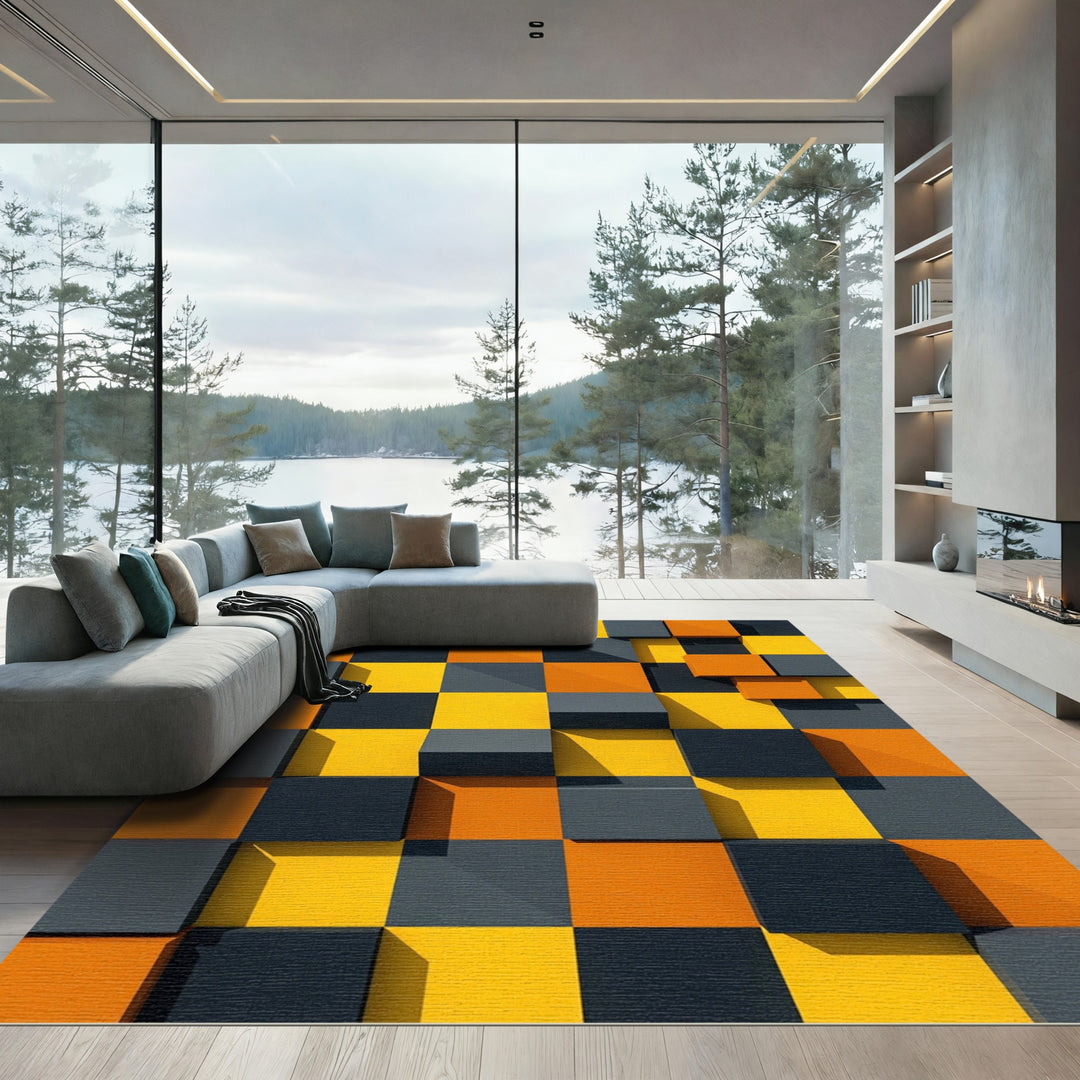 Abstract Geometric Orange Gray Yellow Rug