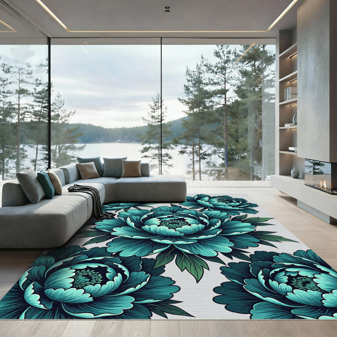 Teal Peony Floral Art Rug