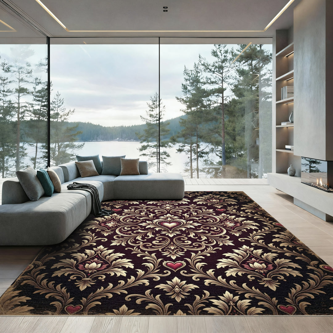 Ornate Burgundy Heart Damask Rug