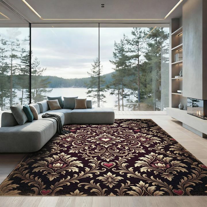 Ornate Burgundy Heart Damask Rug