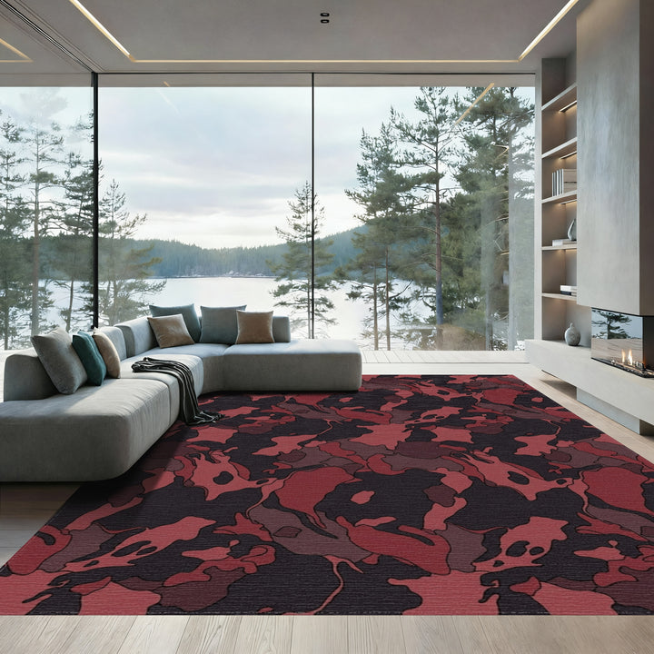 Dark Red Camouflage Abstract Forms Rug