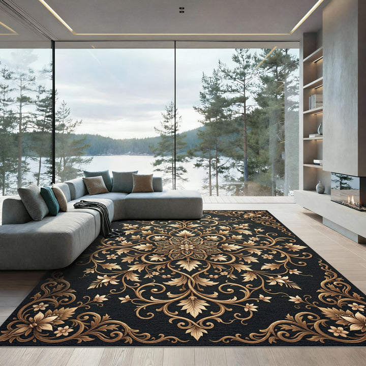 Golden Floral Acanthus Scrollwork Rug