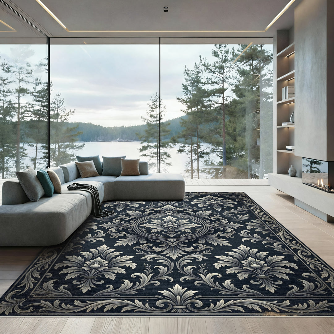 Ornate Black Floral Damask Rug