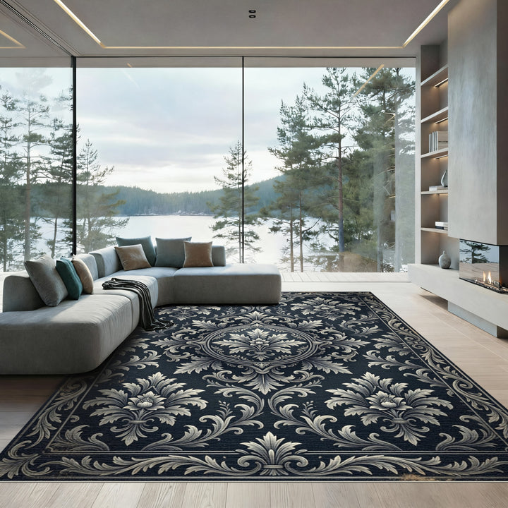 Ornate Black Floral Damask Rug