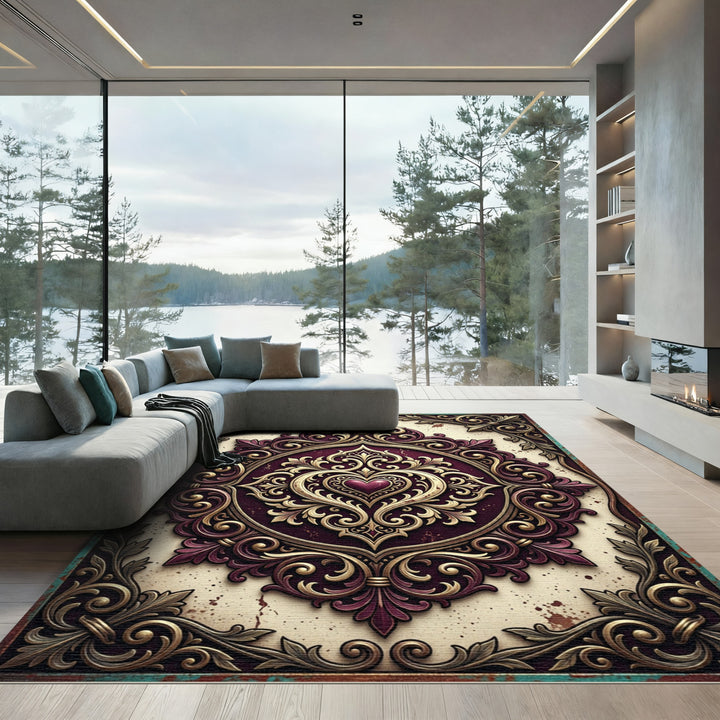 Ornate Gold Heart Damask Area Rug