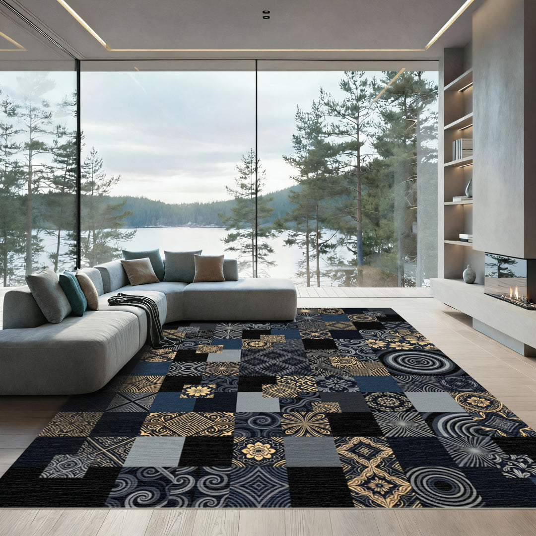 Gold and Navy Geometric Patchwork Collage Rug