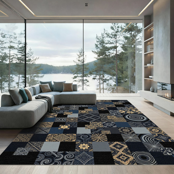 Gold and Navy Geometric Patchwork Collage Rug