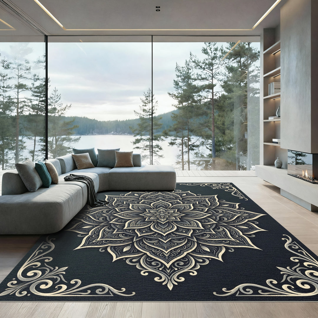 Elegant Gray Mandala Ornament Rug