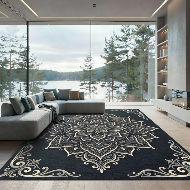 Elegant Gray Mandala Ornament Rug