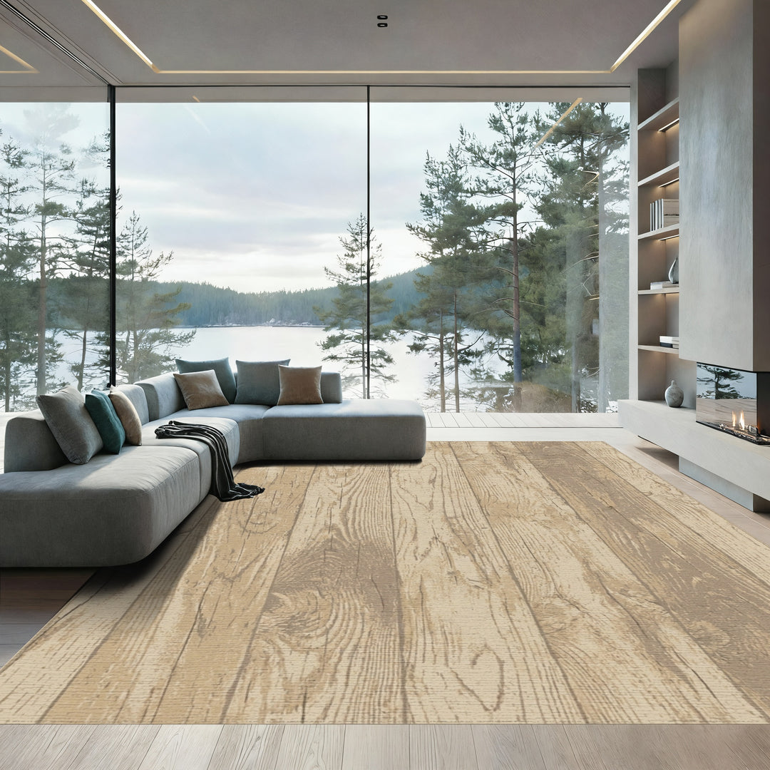 Rustic Tan Wood Grain Vertical Planks Rug