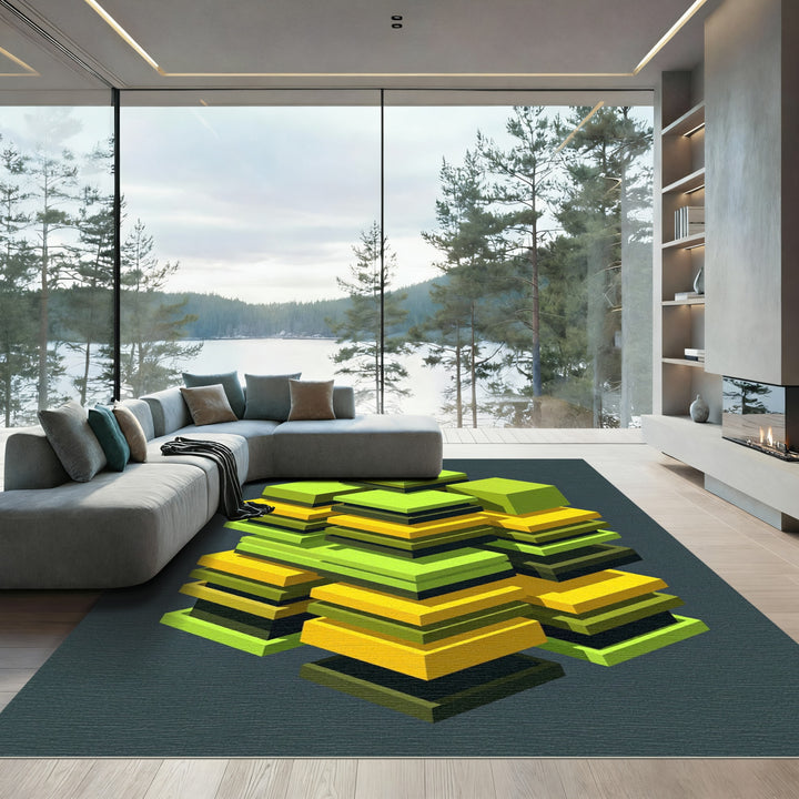 Isometric Abstract Blocks Green Yellow Rug