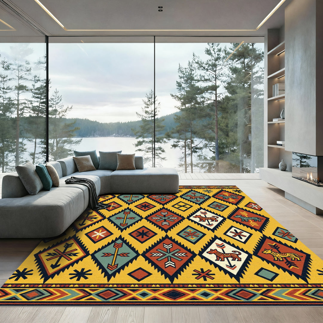 Tribal Dog Diamond Yellow Rug