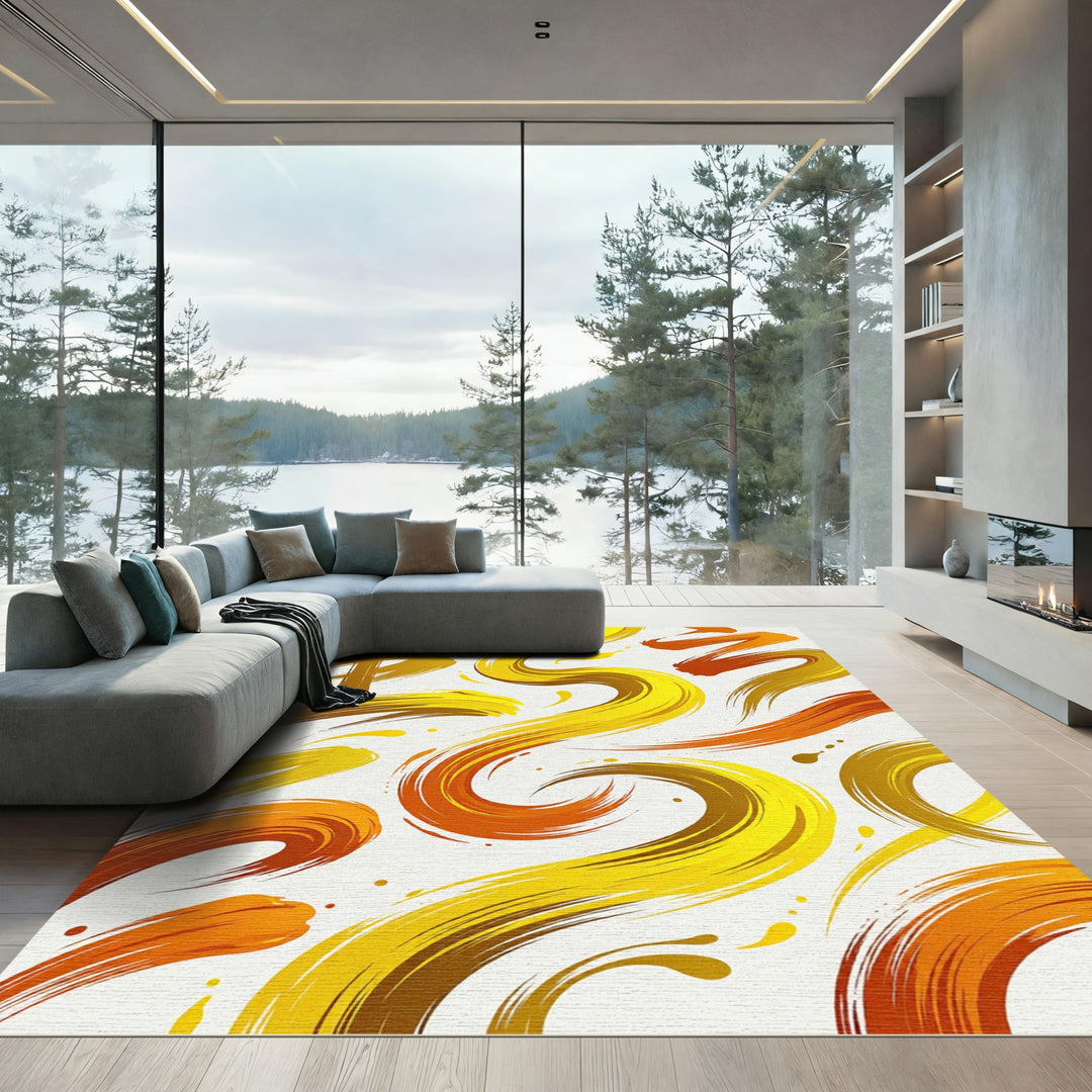 Golden Yellow Brushstroke Swirl Rug
