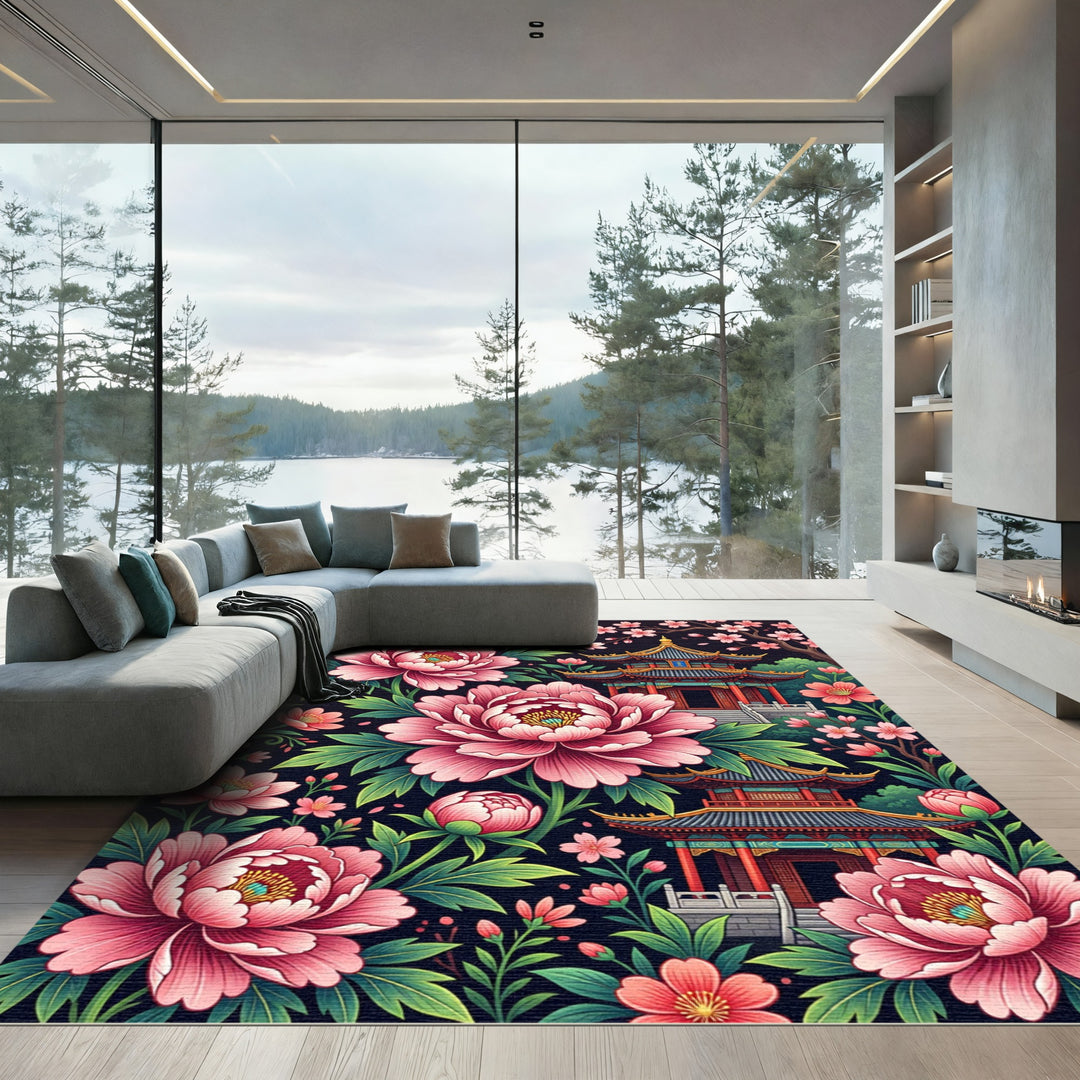 Rich Pink Peony Pagoda Garden Art Rug