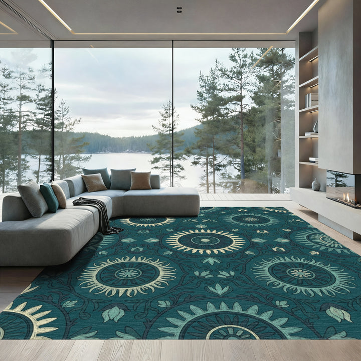 Teal Sunburst Medallion Floral Rug
