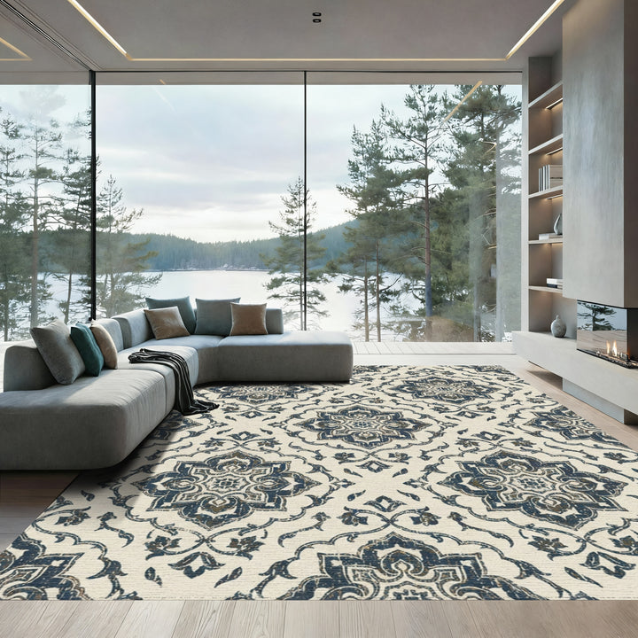 Distressed Navy Damask Medallion Rug