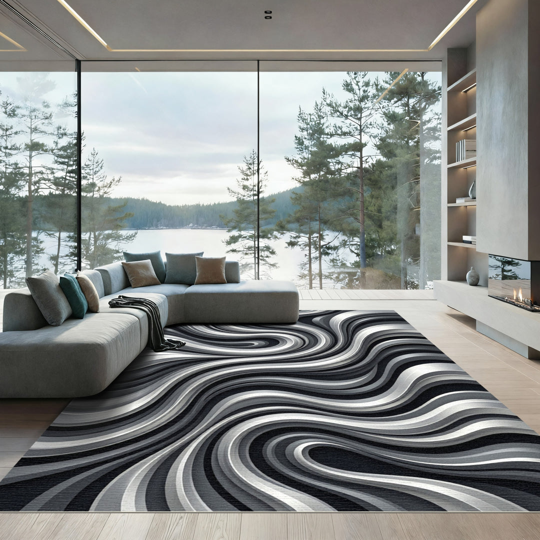 Metallic Gray Swirl Abstract Rug