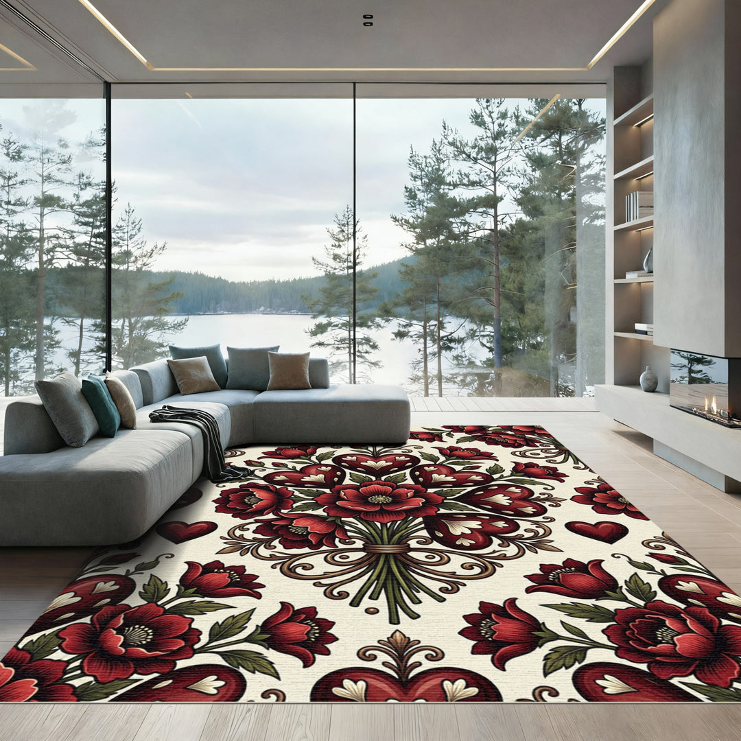 Crimson Heart Floral Bouquet Arrangement Rug