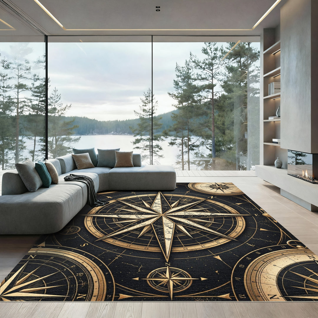 Vintage Gold Compass Nautical Rug