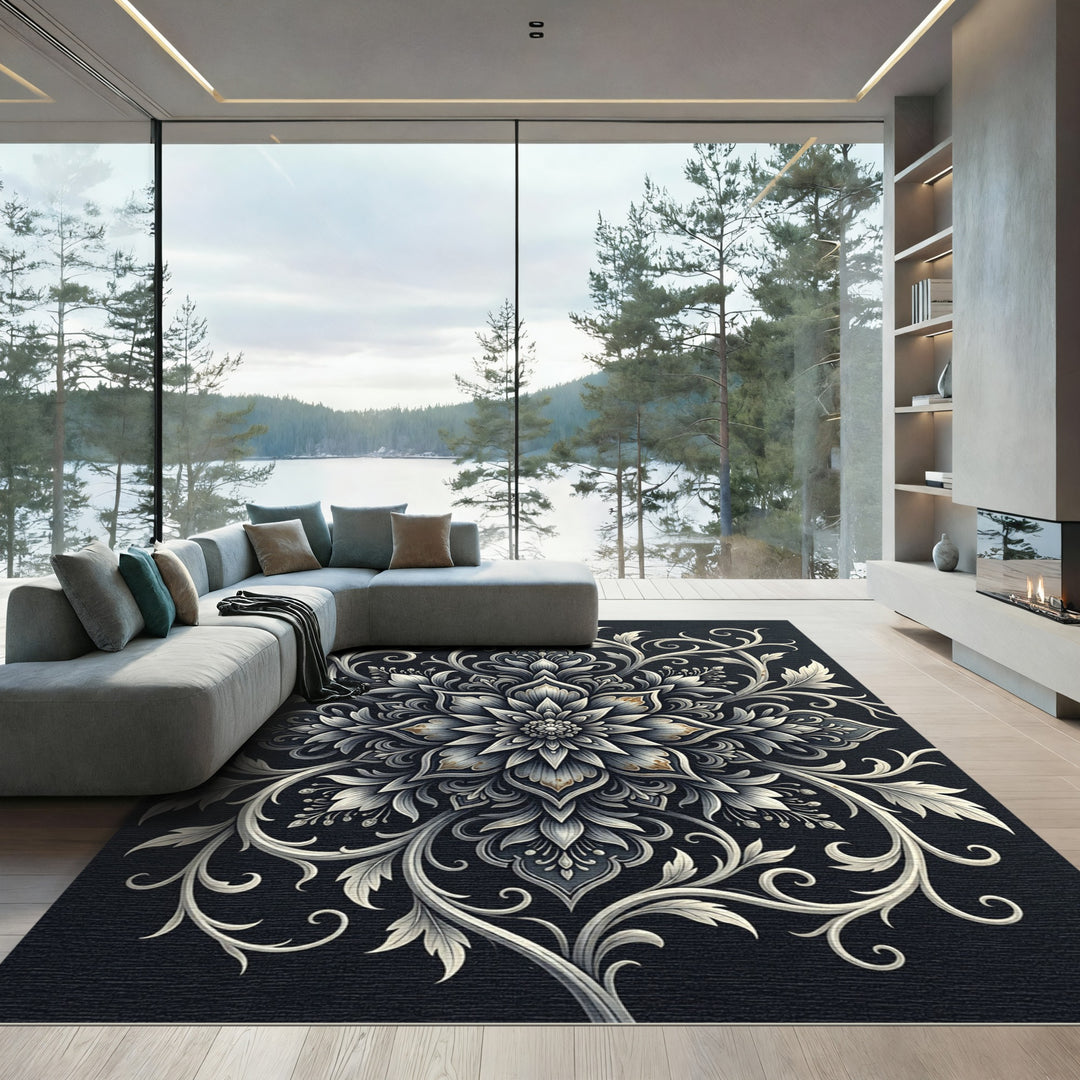 Black White Ornate Floral Mandala Rug