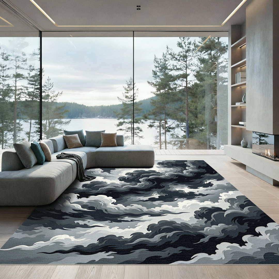 Dramatic Black and White Swirling Clouds Rug