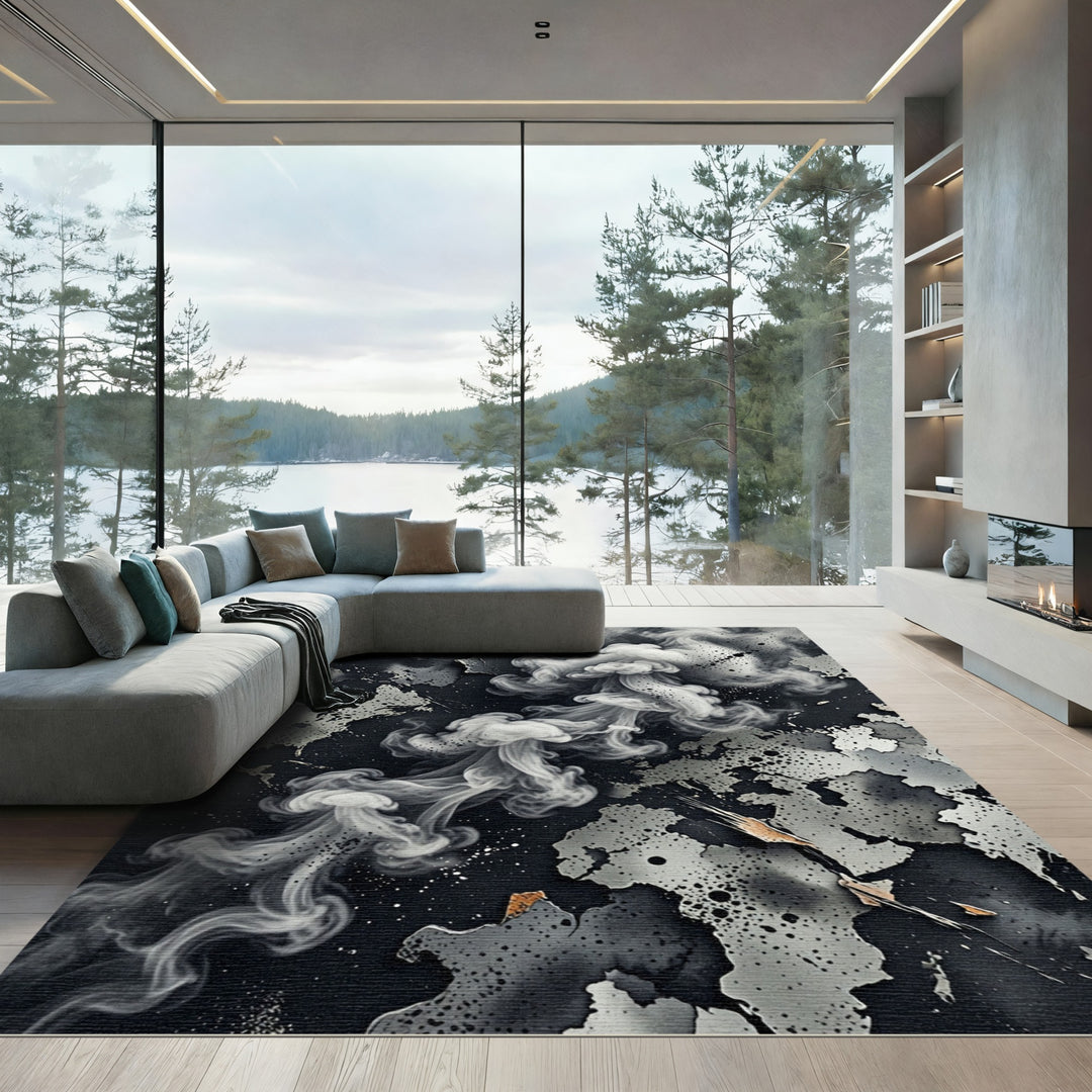 Abstract Monochrome Smoke Swirl Rug