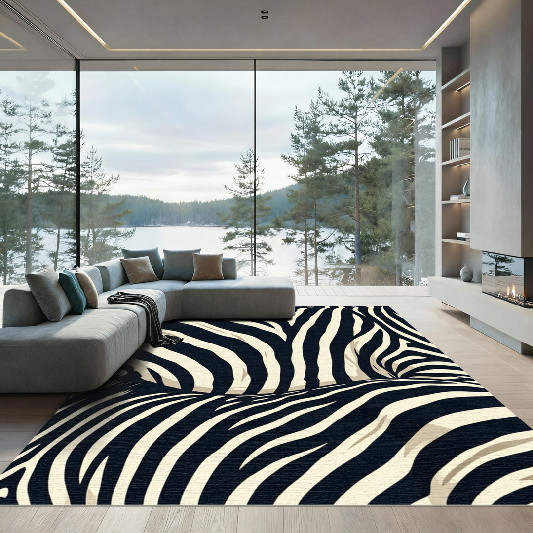 Black Cream Zebra Stripe Abstract Rug