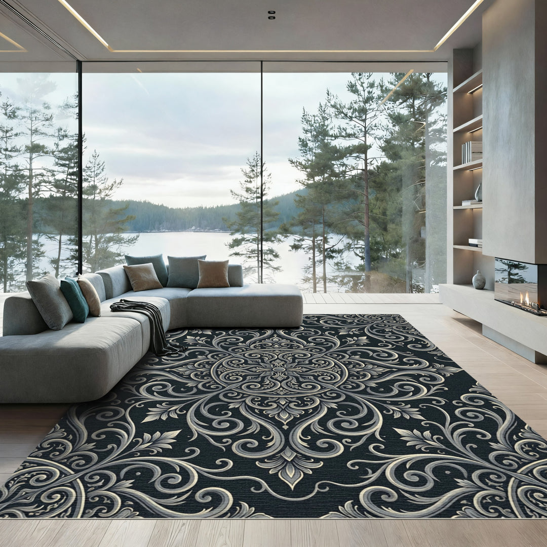 Ornate Gray Floral Mandala Rug