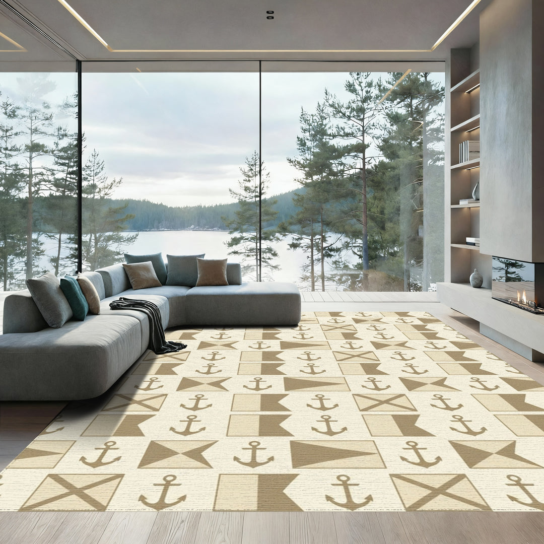 Tan Nautical Flag Anchor Repeat Rug