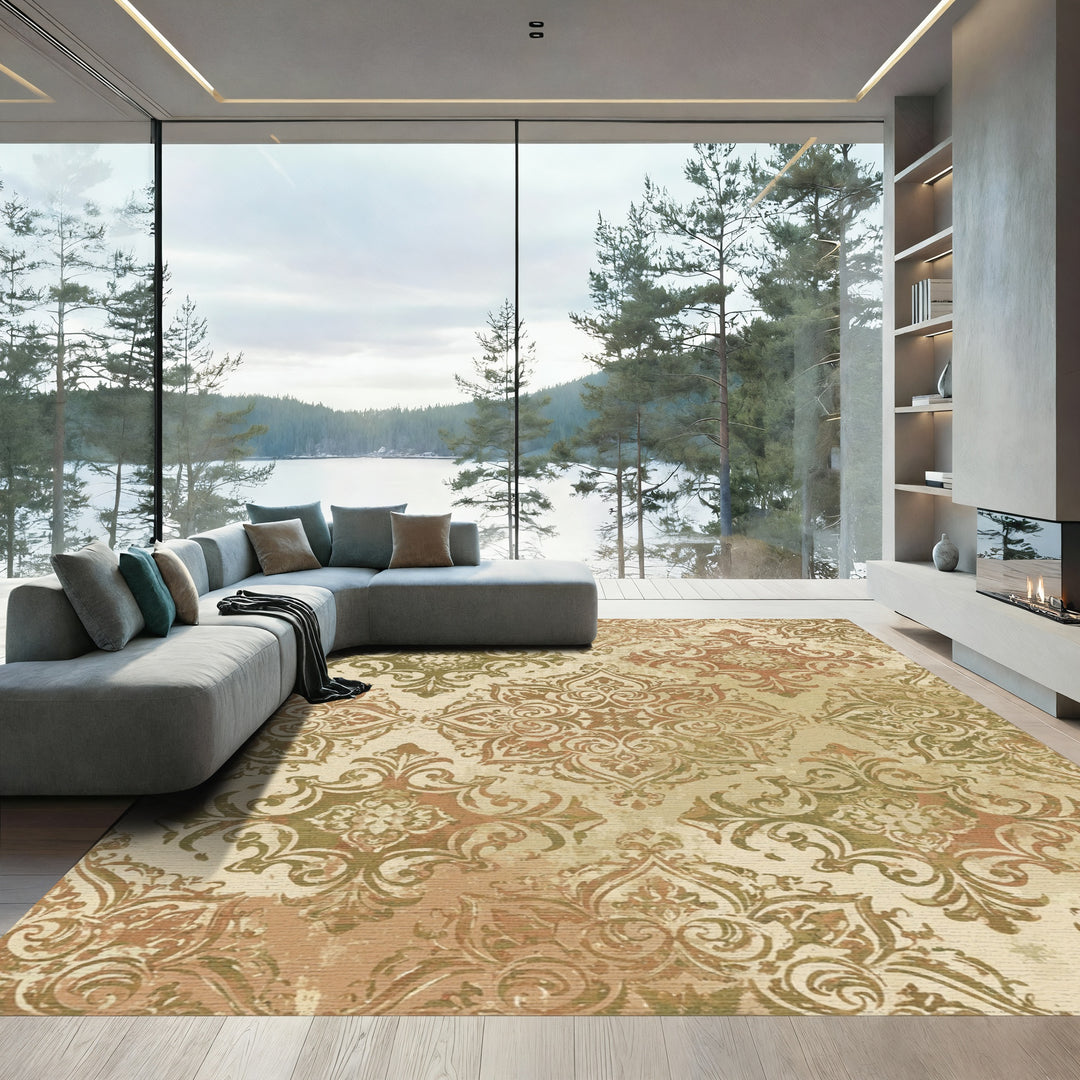 Aged Gold Floral Ogee Baroque Rug