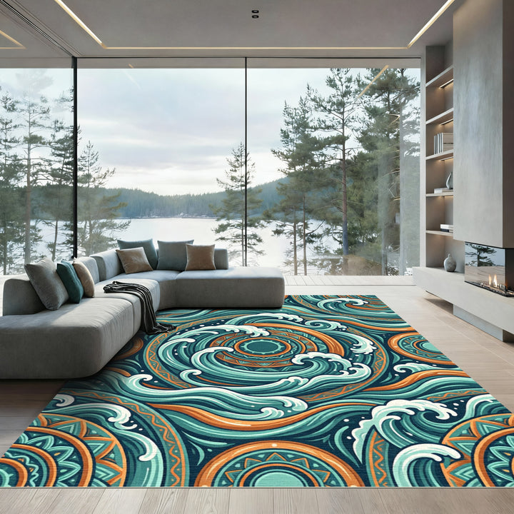 Dynamic Teal Orange Ocean Waves Rug