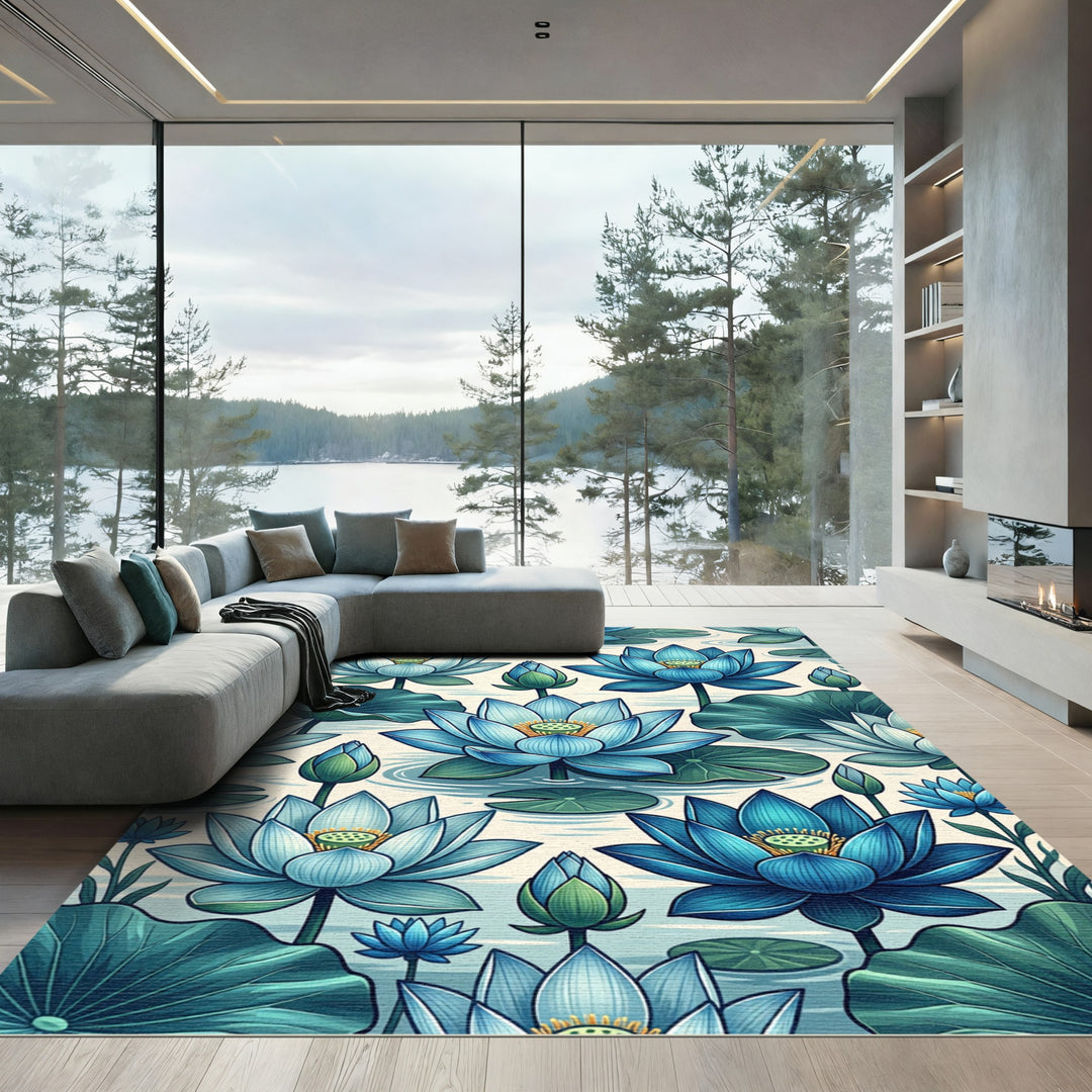 Deep Blue Lotus Pond Botanical Rug