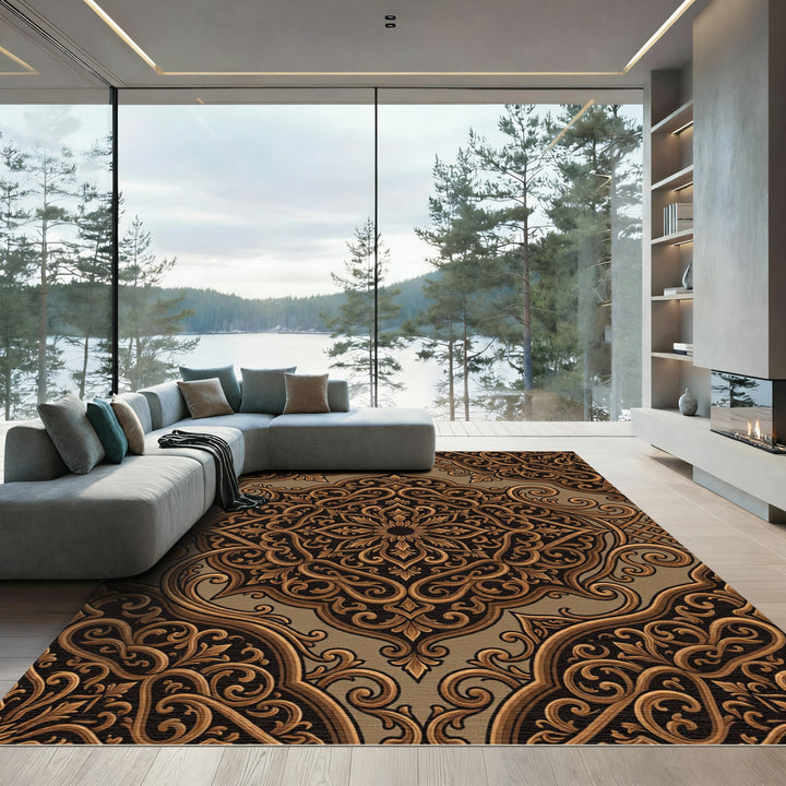 Ornate Gold Scrollwork Arabesque Rug
