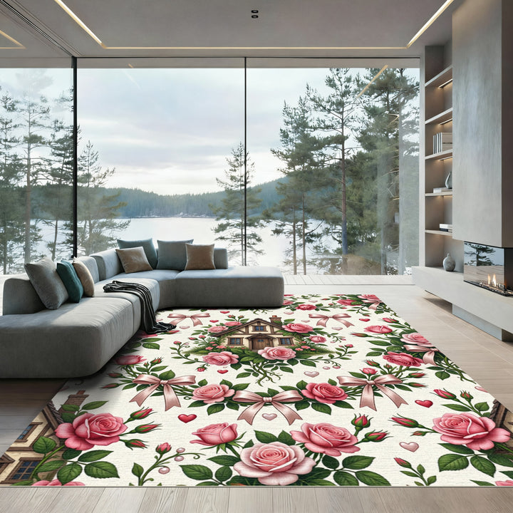 Romantic Pink Roses Cottage Bows Rug