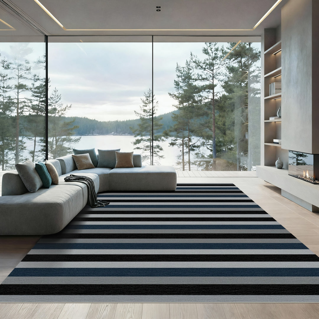 Classic Navy Gray Black Stripe Rug