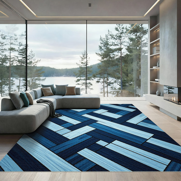 Deep Blue Wood Grain Herringbone Rug