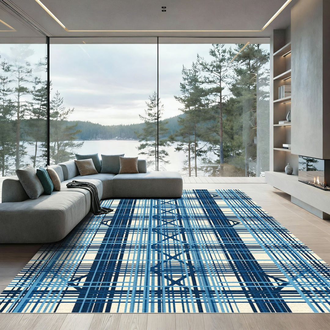 Deep Blue Interlocking Stripe Grid Rug