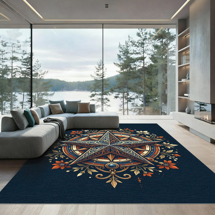 Ornate Star Compass Floral Emblem Rug