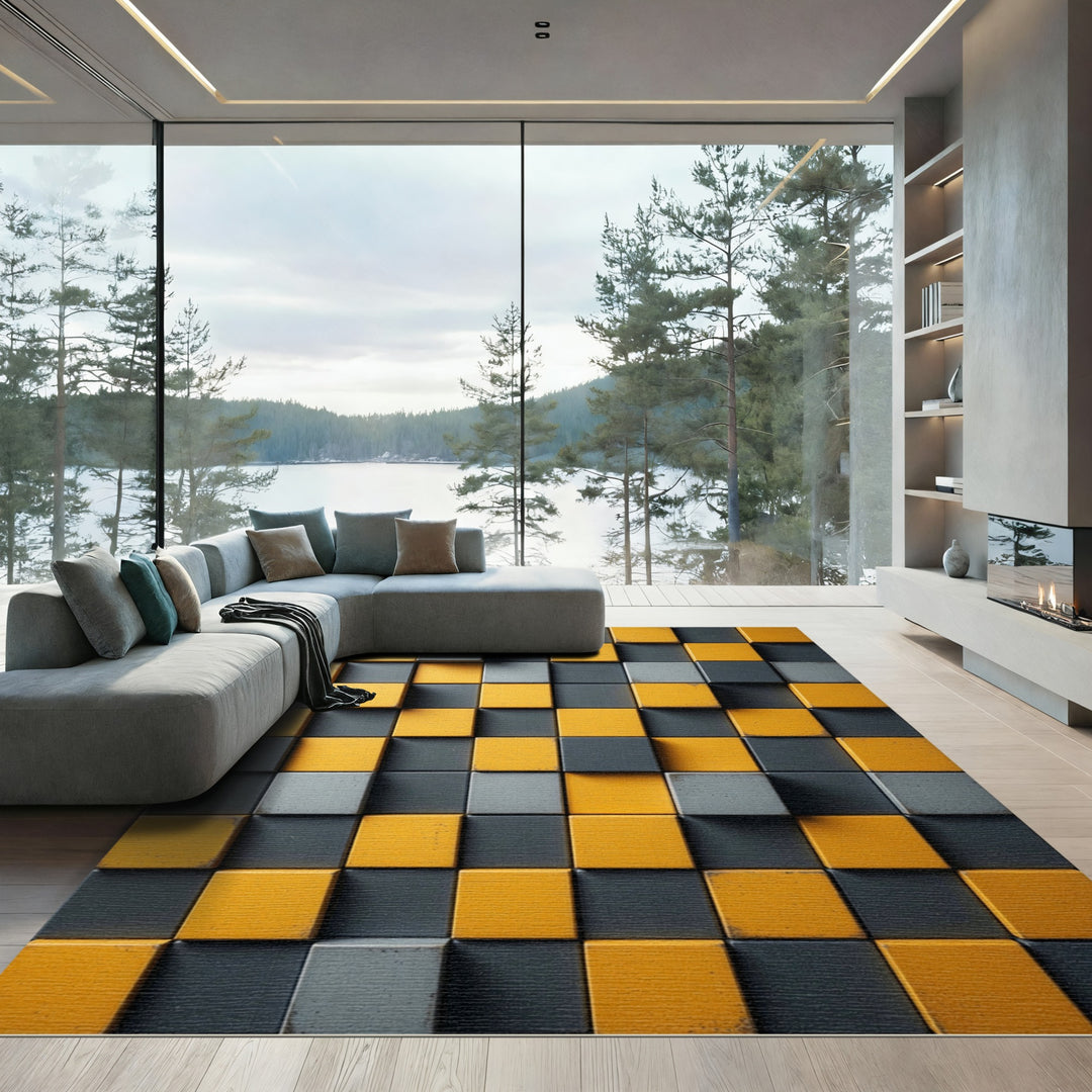 Grey Yellow Dimensional Grid Rug