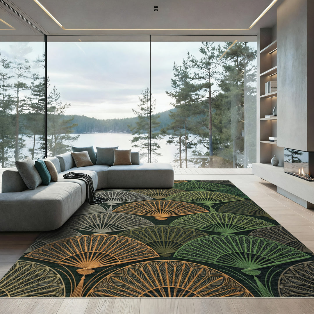 Art Deco Golden Green Fan Pattern Rug