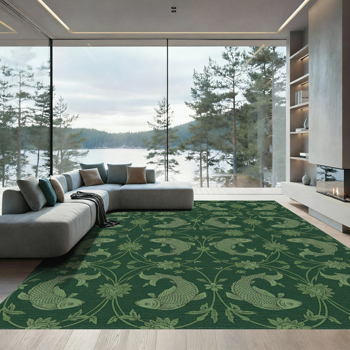 Deep Green Koi Fish Floral Swirl Rug