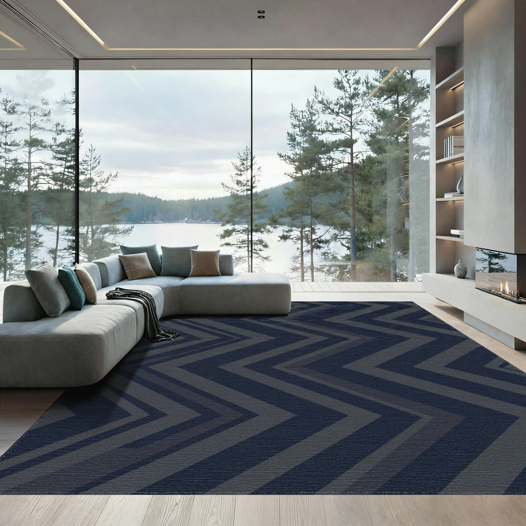 Deep Navy Geometric Chevron Rug