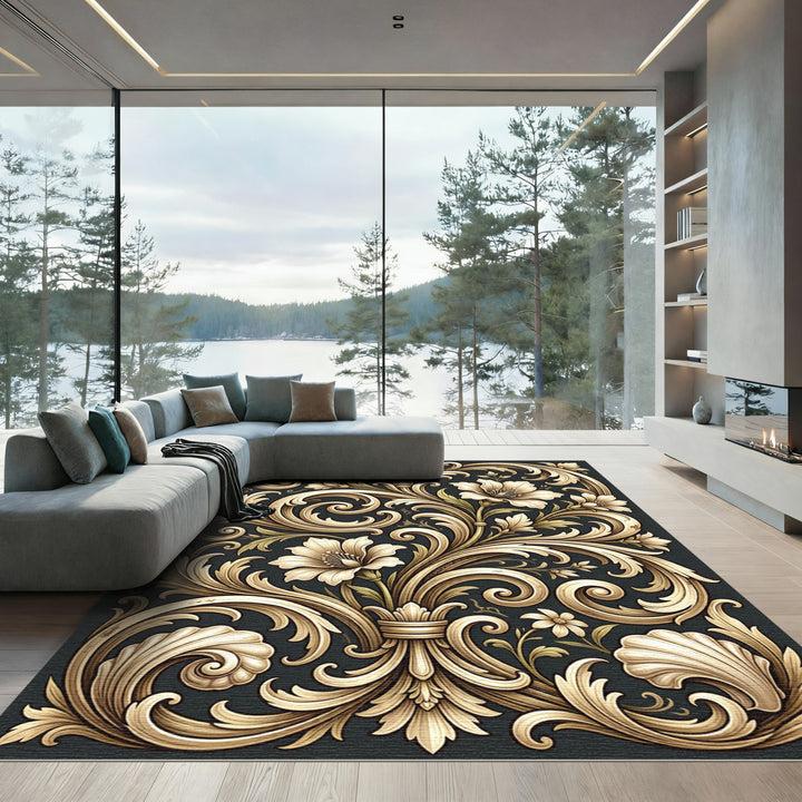 Ornate Golden Floral Acanthus Rug
