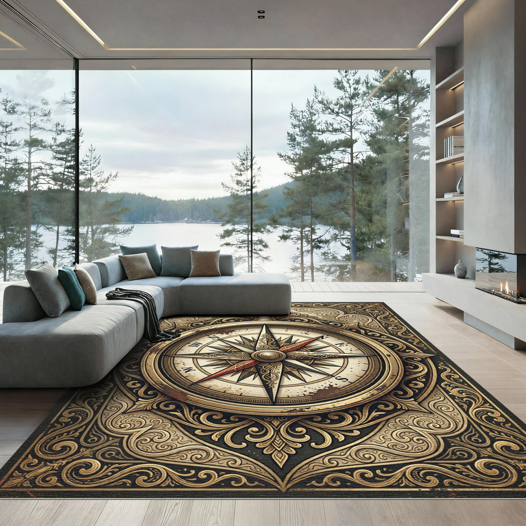 Antique Gold Ornamental Compass Emblem Rug